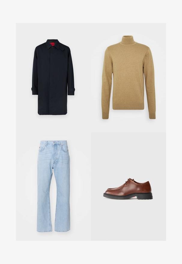 Tamsiai mėlynas paltas, tiesaus kirpimo, su sagų uždarymu ir susuktais rankogaliais. Pagamintas iš lygios medžiagos su klasikiniu apykaklės dizainu.; Bežinė storo audinio megztinė su aukštu kaklu. Turi ilgomis rankovėmis ir prigludusį dizainą. Raukšlėtas apykaklė ir apačia.; Šviesiai mėlyni džinsai su laisvu siluetu, tiesiomis kojomis, tradiciniu penkių kišenių stiliumi ir metaliniu mygtuko uždarymu.; Rudos oda elegantiški batai su apvaliu pirštu, kontrastinga siūlės, su raišteliais ir tekstūruotu juodu guminiais padu.