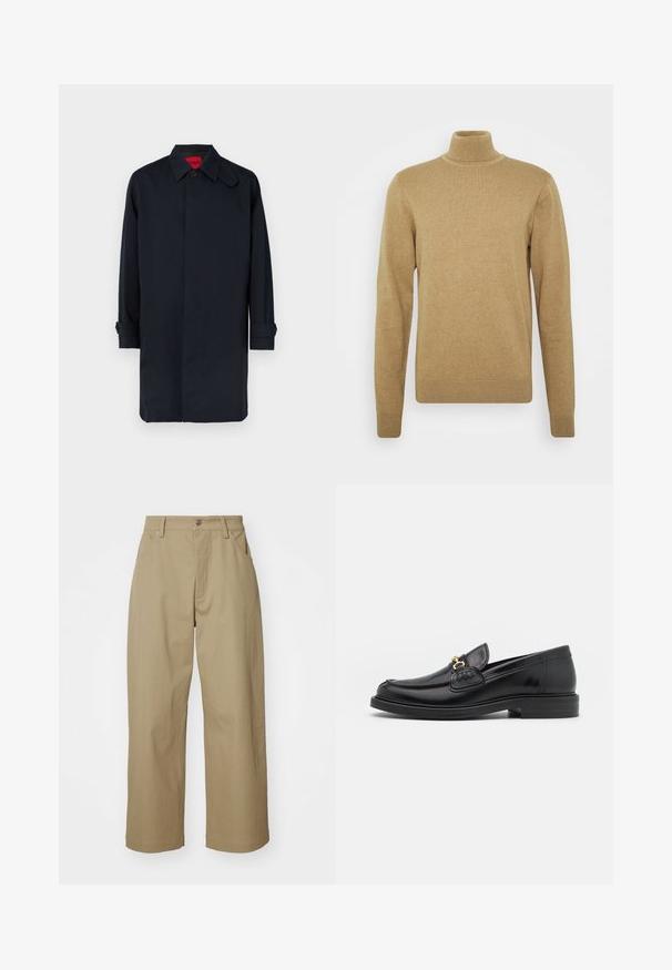 Tamsiai mėlynas paltas, tiesaus kirpimo, su sagų uždarymu ir susuktais rankogaliais. Pagamintas iš lygios medžiagos su klasikiniu apykaklės dizainu.; Bežinė storo audinio megztinė su aukštu kaklu. Turi ilgomis rankovėmis ir prigludusį dizainą. Raukšlėtas apykaklė ir apačia.; Kaki plačios kojos kelnės, pagamintos iš medvilnės, su aukštu liemeniu, priekinėmis kišenėmis ir sagų uždarymu. Lygus paviršius ir pritaikytas siluetas.; Juodos odinės loafer tipo bateliai su apvaliuku, su auksinėmis detalėmis ir siuvinėjimo akcentais, įrengti ant žemos, tekstūruotos gumos pado.