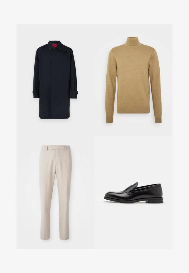 Mornarsko modr plašč z ravnim krojem, zapenjanjem na gumbe in zavihanim rokavom. Izdelan iz gladkega blaga s klasično obliko ovratnika.; Bež pulover s turtleneck iz mehkega pletenega materiala. Ima dolge rokave in prilegajočo se zasnovo. Ribana obroba in ovratnik.; Beženi tkanini hlače s ravnim krojem, z ravnim sprednjim delom, zankami za pas in brez vidnih vzorcev ali kovinskih detajlov.; Črne usnjene loafer čevlje z gladko teksturo, zaobljenim nosom in dekorativnim trakom čez zgornji del. Nizka zložena peta, minimalističen dizajn.