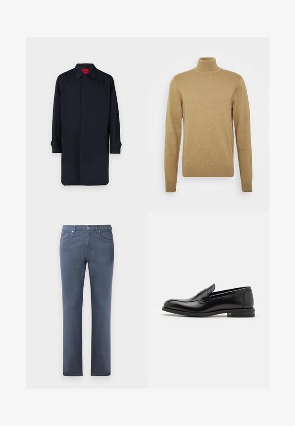 Tamsiai mėlynas paltas, tiesaus kirpimo, su sagų uždarymu ir susuktais rankogaliais. Pagamintas iš lygios medžiagos su klasikiniu apykaklės dizainu.; Bežinė storo audinio megztinė su aukštu kaklu. Turi ilgomis rankovėmis ir prigludusį dizainą. Raukšlėtas apykaklė ir apačia.; Pilkos džinsinės kelnės su tiesia kirpimu, penkiomis kišenėmis ir metaliniu mygtuko užsegimu. Yra subtilus siuvinėjimas ir mažas logotipo elementas.; Juodos odinės loafers, turinčios lygų paviršių, apvalią noselę ir dekoratyvinę juostą per priekinę dalį. Žemas krentantis kulnas, minimalistinis dizainas.