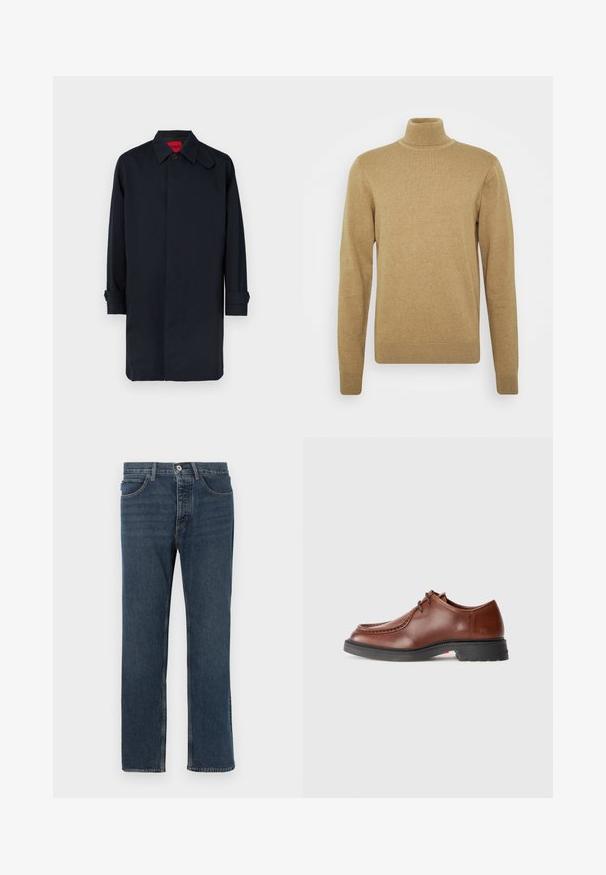 Navy blue coat with a straight cut, button closure, and rolled-up sleeves. Made from smooth fabric with a classic collar design.; Beige turtleneck sweater made of soft knit fabric. Features long sleeves and a fitted design. Ribbed hem and collar accents.; Dark blue denim jeans with a straight fit, five pockets, a button closure, and visible stitching. Material is textured with a classic design.; Brown leather dress shoe with a rounded toe, contrasting stitching, lace-up design, and a textured black rubber sole.