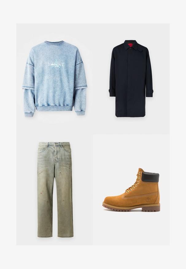 Tmavě modrý kabát se střihem na rovno, zapínáním na knoflíky a vyhrnovacími rukávy. Vyrobený z hladké látky s klasickým límcem.; Modrá bavlněná mikina s kapkami na ramenou, žebrovaným výstřihem a vyšitými detaily. Má volný střih a strukturovanou tkaninu.; Odstřižené džíny v světle zelené barvě, se rovnými nohavicemi, pěti kapsami a nerovnoměrným vyblednutím s barevnými skvrnami.; Hnědé semišové kotníkové boty s černým polstrovaným límcem, zlatými kovovými očky, bílým prošíváním a odolnou gumovou podrážkou s výraznými drážkami.