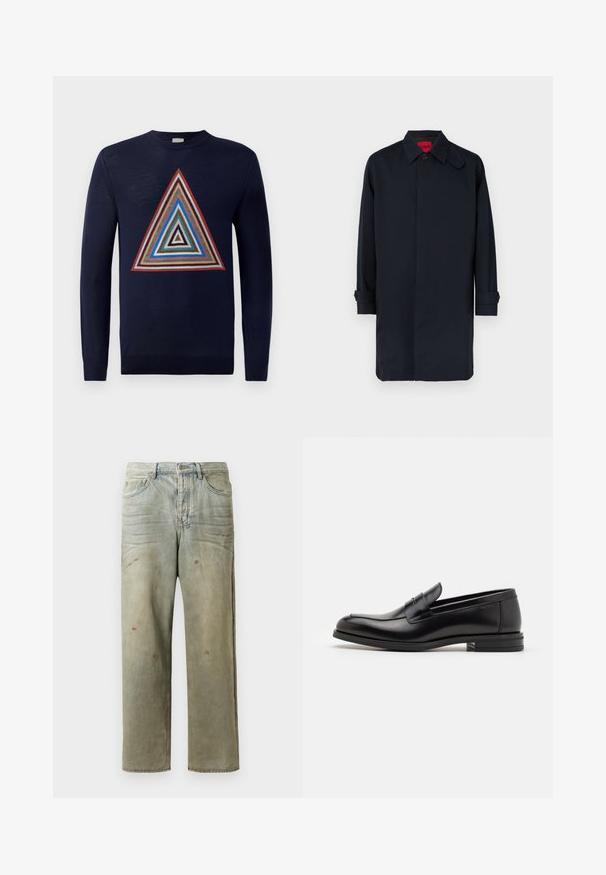 Granatowy płaszcz o prostym kroju, zapinany na guziki, z podwiniętymi rękawami. Wykonany z gładkiej tkaniny, z klasycznym kołnierzem.; Granatowy sweter z centralnym, wielokolorowym trójkątnym wzorem z warstwowymi motywami w odcieniach czerwieni, brązu, niebieskiego i kremowego. Długie rękawy i okrągły dekolt.; Zniszczone dżinsy w jasnym zielonym kolorze, z prostymi nogawkami, pięcioma kieszeniami oraz nierównomiernym blaknięciem i plamami farby.; Czarne skórzane mokasyny o gładkiej fakturze, zaokrąglonym nosku i dekoracyjnym pasku na przodzie. Niski, warstwowy obcas, minimalistyczny design.