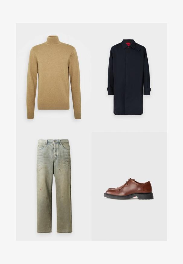 Cappotto blu navy con taglio dritto, chiusura con bottoni e maniche risvoltate. Realizzato in tessuto liscio con design classico del colletto.; Maglione a collo alto beige realizzato in morbido tessuto knit. Presenta maniche lunghe e una vestibilità aderente. Dettagli a coste su orlo e colletto.; Jeans in denim strappato di colore verde chiaro, con gamba dritta, design a cinque tasche, sbiaditure irregolari e schizzi di vernice.; Scarpa da dress in pelle marrone con punta rotonda, cuciture a contrasto, design con lacci e suola in gomma nera texture.