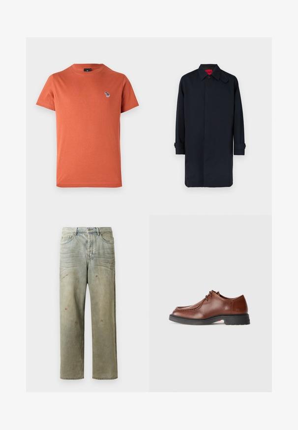 Navyblå frakke med lige snit, knaplukning og op rullede ærmer. Fremstillet af glat stof med klassisk kravedesign.; Orange bomulds T-shirt med korte ærmer, rund hals og et lille, flerfarvet broderet design på venstre bryst.; Slidte denimjeans i lysegrøn med lige ben, femlommerdesign og ujævn falming med malersplatter.; Brune læderdress sko med rund tå, kontrasterende syninger, snørebånd design og en tekstureret sort gummisål.