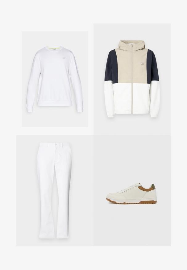Veste colorée avec une section supérieure beige, des manches bleu marine et une moitié inférieure blanche. Comprend une capuche et un zip à l'avant. Matériau léger.; Sweatshirt blanc à manches longues, col rond et poignets côtelés. Présente un logo géométrique subtil sur la poitrine. Texture lisse.; Pantalon en coton blanc avec un design à jambes droites, poches avant, fermeture à un bouton et texture lisse.; Tommy Hilfiger BASKET CORE - Baskets basses - ecru/army green