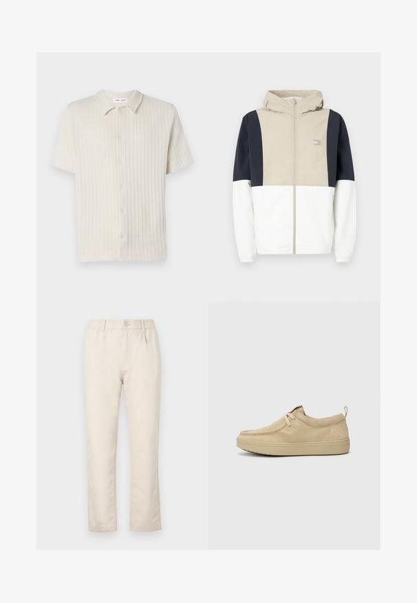 Ζακέτα με χρωματική μπλοκαρισμένη διάταξη που διαθέτει μπεζ ανώτερο τμήμα, ναυτικές μανίκες και λευκό κάτω μέρος. Περιλαμβάνει κουκούλα και μπροστινό φερμουάρ. Ελαφρύ υλικό.; Κοντομάνικο, πουκαμίσα με κουμπιά σε ανοιχτό μπεζ χρώμα με υφή ριγωτού σχεδίου και κλασικό γιακά. Φτιαγμένο από μαλακό, αναπνεύσιμο ύφασμα.; Μπεζ παντελόνι από μείγμα βαμβακιού με ελαστική μέση, κλείσιμο με κουμπί, ίσια γραμμή και διακριτή υφή χωρίς ορατά σχέδια.; Ανοιχτόχρωμα σουέτ loafers με στρογγυλή μύτη, ελάχιστες ραφές και καουτσούκ σόλα. Μαλακή υφή με μια διακριτική προσθήκη του λογότυπου στη φτέρνα.