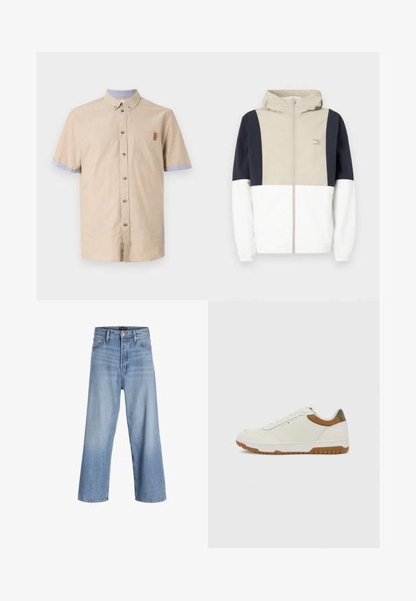 Värvikalt blokeeritud jope, millel on beež ülemine osa, tumesinised varrukad ja valge alumine osa. Sisaldab kapuutsi ja esist zipperit. Kerge materjal.; Lühikeste varrukatega nööbitav särk beežist linast, siniste detailidega varrukaotsades. Sisaldab rinna taskut ja pruune nuppe. Sile tekstuur.; Heledad sinise denimi laiad püksid kõrge vöökoht, nupuga sulgemine, viie tasku disain ja kerge pleekimine. Puhtad äärised.; Tommy Hilfiger BASKET CORE - Tossud - ecru/army green