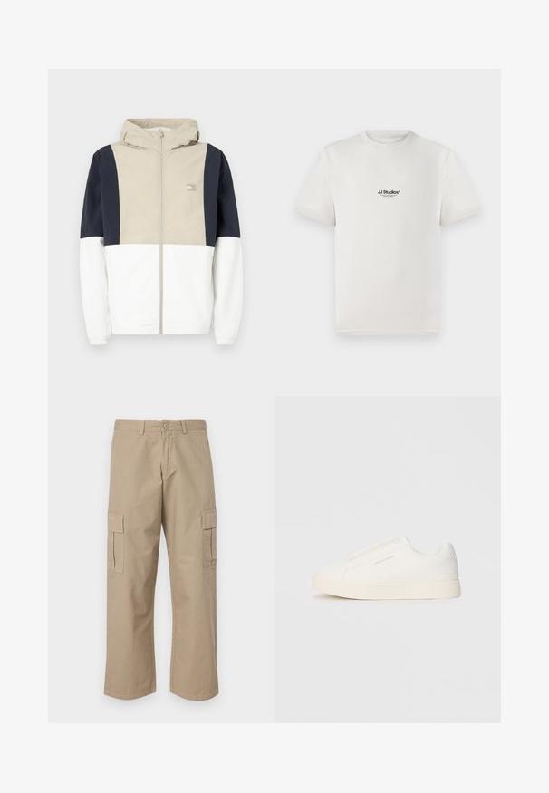 Casaco em blocos de cores com a parte superior em bege, mangas em azul-marinho e parte inferior em branco. Inclui capuz e fecho frontal. Material leve.; T-shirt de algodão branca com mangas curtas, apresentando um logótipo preto "JJ Studios" no peito. Design de gola redonda e ajuste padrão.; Calças cargo bege com um design de perna reta, apresentando dois bolsos laterais e um fecho de botão padrão na cintura. Tecido de algodão suave.; Sapatilhas brancas de atacar com uma superfície texturizada, sola grossa e design minimalista. Possui o logo da marca na lateral.