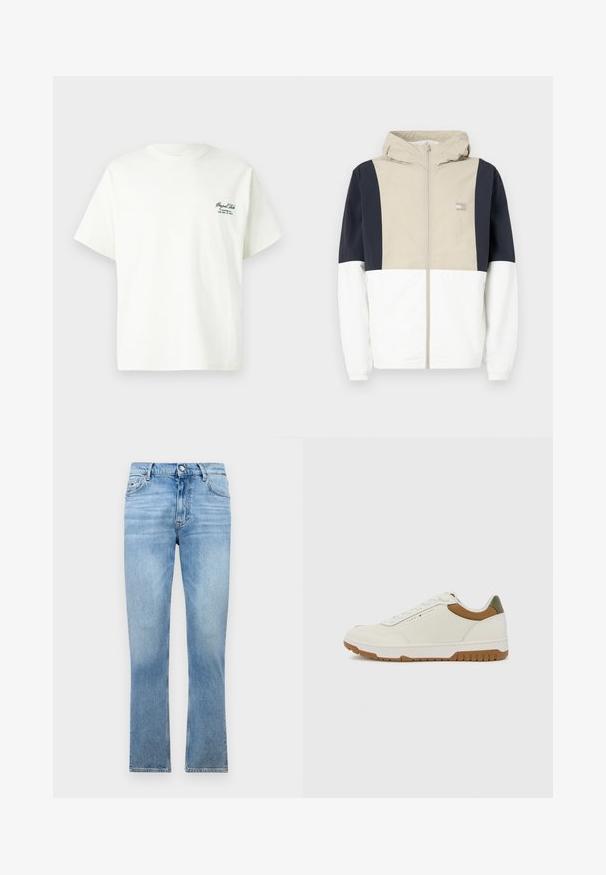 Color-blocked jacket featuring a beige upper section, navy sleeves, and white lower half. Includes a hood and front zipper. Lightweight material.; White cotton t-shirt with short sleeves, a crew neckline, and green text detailing on the left side featuring brand and location information.; Tommy Jeans DAD REGULAR - Relaxed fit jeans - denim light; Tommy Hilfiger BASKET CORE - Trainers - ecru/army green