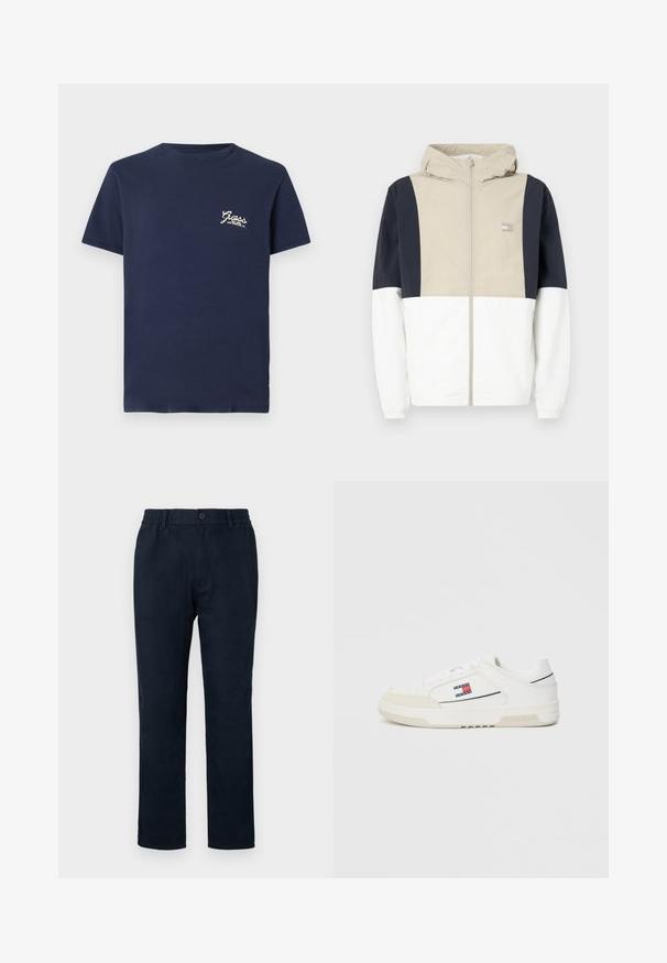 Jakna u boji s naglaskom koja ima bež gornji deo, mornarske rukave i beli donji deo. Uključuje kapuljaču i predni patent zatvarač. Lagani materijal.; Tamno plava majica kratkih rukava s malim bijelim logoom "Guess Los Angeles, CA" na lijevoj strani prsnog koša na bijeloj pozadini.; Mornarsko plave chino hlače s elastičnom trakom u struku, prednjim gumbom i ravnim krojem. Glatka tekstura bez vidljivih uzoraka.; Bijele tenisice s glatkom kožnom gornjom i nubuk vrhom, sa malim crvenim, bijelim i plavim logom sa strane i teksturiranom potplatom.