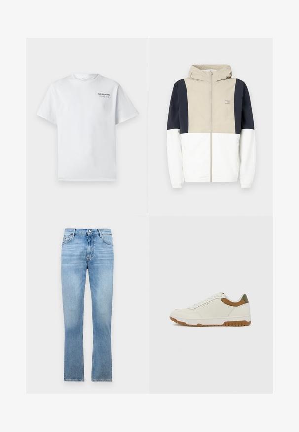 Barevně blokovaná bunda s béžovou horní částí, námořnickými rukávy a bílým spodním dílem. Obsahuje kapuci a přední zip. Lehký materiál.; Bílý bavlněný tričko s krátkým rukávem, kulatým výstřihem, s malým černým textovým logem "J&J since 1990 Society Club" na hrudi.; Tommy Jeans DAD REGULAR - Džíny Relaxed Fit - denim light; Tommy Hilfiger BASKET CORE - Tenisky - ecru/army green