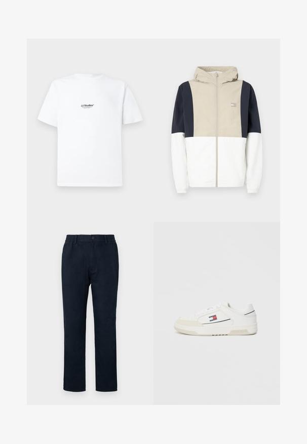 Color-blocked jacket featuring a beige upper section, navy sleeves, and white lower half. Includes a hood and front zipper. Lightweight material.; White cotton t-shirt with short sleeves. Features a small black logo text "JJ Studios" on the chest. Simple, unadorned design.; Navy chinos with an elastic waistband, a front button closure, and a straight leg design. Smooth texture with no visible patterns.; White sneakers with a smooth leather upper and suede toe cap, featuring a small red, white, and blue logo on the side and textured sole.