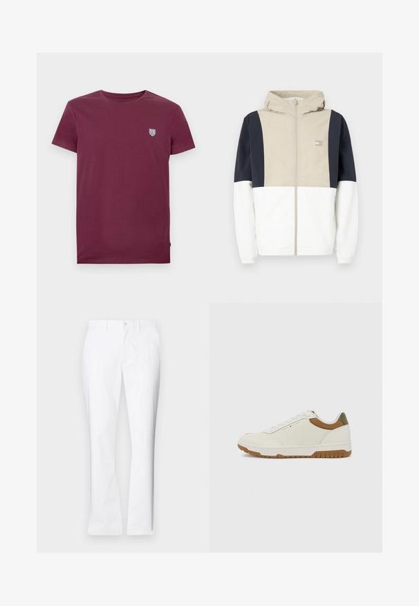 Giacca color-block con una parte superiore beige, maniche navy e una parte inferiore bianca. Include un cappuccio e una zip frontale. Materiale leggero.; T-shirt bordeaux in cotone con scollo rotondo e maniche corte. Presenta un piccolo logo a scudetto sul lato sinistro del petto. Texture liscia.; Pantaloni di cotone bianchi con un design a gamba dritta, tasche frontali, chiusura con un bottone e una texture liscia.; Tommy Hilfiger BASKET CORE - Sneakers basse - ecru/army green