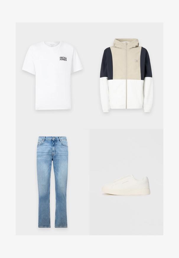 Spalvotai blokinė striukė su smėlio spalvos viršutine dalimi, tamsiai mėlynomis rankovėmis ir balta apatine dalimi. Turi gobtuvą ir priekinį užtrauktuką. Lengvas medžiagos.; Balta medvilnės marškinėliai su trumpomis rankovėmis ir apvalia kaklo iškirpte. Kairėje krūtinės pusėje yra juodas tekstas "JACK & JONES". Paprastas, vientisas dizainas.; Tommy Jeans DAD REGULAR - Laisvo kirpimo džinsai - denim light; Baltos slip-on sportbačiai su tekstūruota paviršiumi, storesniu padu ir minimalistišku dizainu. Šone matosi prekės ženklo logotipas.