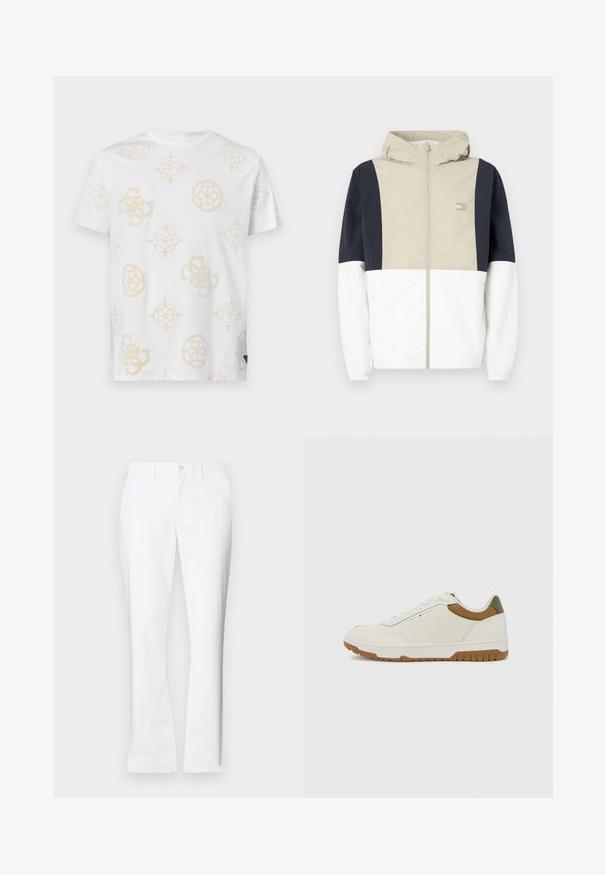 Värvikalt blokeeritud jope, millel on beež ülemine osa, tumesinised varrukad ja valge alumine osa. Sisaldab kapuutsi ja esist zipperit. Kerge materjal.; Valge puuvillane T-särk, millel on hebež beige abstraktne muster erinevate geomeetriliste kujundite ja logodega. Ümmargune kaelus ja lühikesed varrukad.; Valged puuvillased püksid otsekülje disainiga, ees pooled taskud, üksainus nööp kinnitamiseks ja sujuv tekstuur.; Tommy Hilfiger BASKET CORE - Tossud - ecru/army green