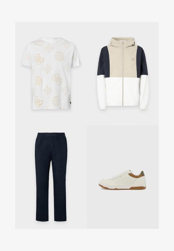 Spalvotai blokinė striukė su smėlio spalvos viršutine dalimi, tamsiai mėlynomis rankovėmis ir balta apatine dalimi. Turi gobtuvą ir priekinį užtrauktuką. Lengvas medžiagos.; Balta medvilnės marškinėliai su šviesiai kreminiu abstrakčiu raštu, kuriame pavaizduoti įvairūs geometriniai formos ir logotipai. Apvalus kaklas ir trumpomis rankovėmis.; Jūriniai chinos kelnės su elastingu juosmeniu, priekyje užsegamos mygtuku ir tiesaus kirpimo. Lygus paviršius be matomų raštų.; Tommy Hilfiger BASKET CORE - Sportbačiai - ecru/army green