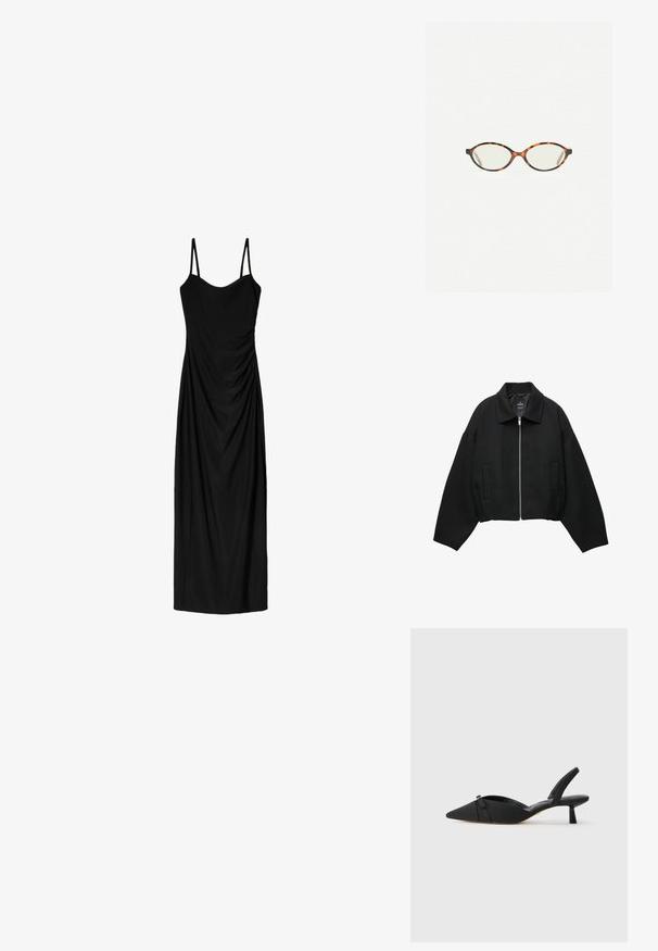 Czarna krótka kurtka wykonana z teksturowanej tkaniny, z zamkiem błyskawicznym z przodu, szerokimi rękawami oraz dwiema bocznymi kieszeniami.; Czarna midi sukienka z cienkimi regulowanymi ramiączkami, z drapowaną formą i gładką teksturą. Brak widocznych wzorów lub ozdób.; Czarne szpilki typu slingback z wyraźnym noskiem, materiałową cholewką, detalem w formie kokardy na przodzie i niskim, cylindrycznym obcasem.; Okulary w kolorze tortoiseshell z owalnymi soczewkami i gładkim, eleganckim wykończeniem. Posiadają cienkie boki z delikatnym łukiem w okolicy skroni. Przezroczyste soczewki.