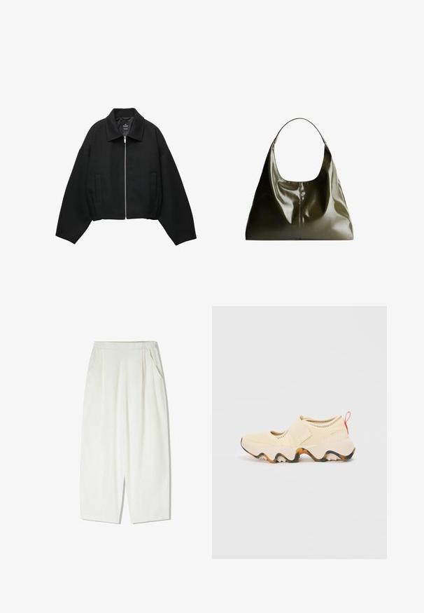 Schwarze, kurze Jacke aus strukturiertem Stoff, mit einem Front-Reißverschluss, weiten Ärmeln und zwei seitlichen Taschen.; Olivgrüner Strickpullover mit Rundhalsausschnitt, langen Ärmeln und geripptem Saum. Verfügt über ein kurzes Design mit einer weichen, strukturierten Oberfläche.; Lässige, knielange weiße Hose aus einem leichten Stoff, mit Seitentaschen und einem gerafften elastischen Bund.; Hellbeige Slippers mit strukturiertem Obermaterial, verstellbarem Riemen, robuster Gummisohle in Weiß mit orangefarbenen Akzenten und einer roten Zuglasche.; Olivgrüne, Leder-Umhängetasche mit einer glatten, glänzenden Oberfläche. Verfügt über einen abgerundeten oberen Teil und eine weiche, fallende Form. Minimalistisches Design.