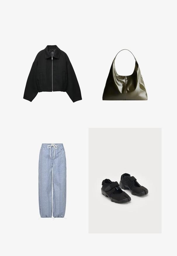 Svart kort jacka i strukturerad tyg, med dragkedja fram, breda ärmar och två sidfickor.; Olivgrön stickad tröja med rund hals, långa ärmar och ribbad nederkant. Har en kortad design med en mjuk, strukturerad yta.; Blå och vita randiga byxor med vida ben, gjorda av lättviktsmaterial med elastisk midja och knytband. Har rynkade muddar.; Svarta vattenskor gjorda av flexibelt tyg med ett kardborreband, med en unik delad tådesign och strukturérad gummisula för grepp.; Olivgrön läderaxelväska med en slät, glansig yta. Har en rundad topp och en mjuk, draperad form. Minimalistisk design.