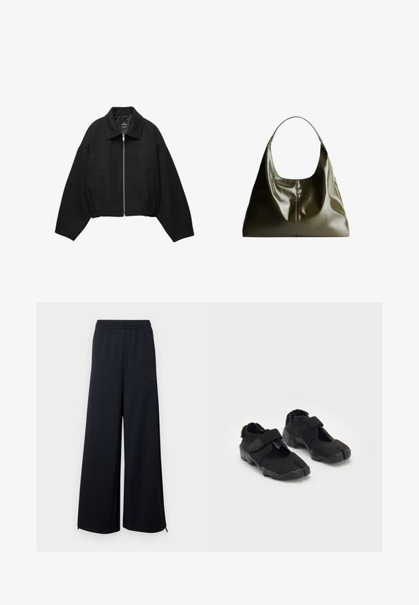 Černá zkrácená bunda vyrobená z texturované látky, s předním zipem, širokými rukávy a dvěma bočními kapsami.; Olivově zelený pletený svetr s kulatým výstřihem, dlouhými rukávy a žebrovaným lemem. Má zkrácený střih a měkký, texturovaný povrch.; Černé široké krajkové kalhoty s elastickým pasem a malými zipovými detaily na spodním lemu, vystavené na bílém pozadí.; Černé vodní boty vyrobené z pružné tkaniny s suchým zipem, s jedinečným designem rozděleného prstu a texturovanou gumovou podrážkou pro lepší přilnavost.; Olivově zelená kožená kabelka přes rameno se hladkým, lesklým povrchem. Má zaoblený vršek a měkký, splývavý tvar. Minimalistický design.