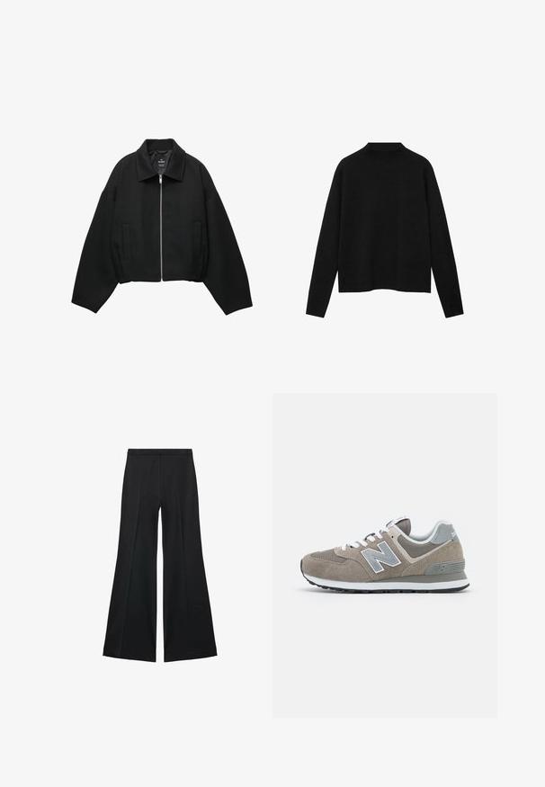 Crna kratka jakna od teksturiranog materijala, s prednjim zatvaračem, širokim rukavima i dva bočna džepa.; Crna rolka od mekanog materijala, s dugim rukavima i opuštenim krojem, s čistem, minimalističkim dizajnom.; Crne široke hlače s glatkom teksturom, koje imaju prednje nabore i kroj po mjeri. Tkanina je lagana i lepršava.; Smeđe antilop tenisice sivi mrežasti detalji, bijele vezice i sivi 'N' logo. Gumeni đonovi s laganim uzorkom za pridržavanje.