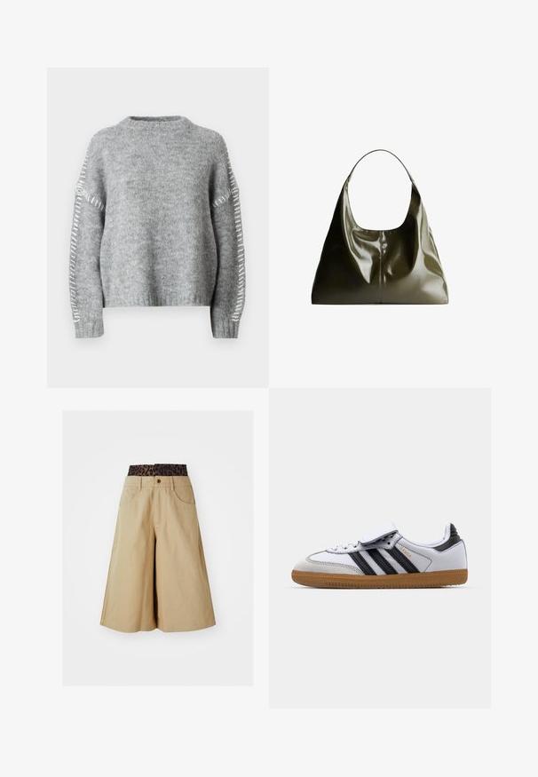 Jachetă scurtă neagră dintr-un material texturat, cu închidere frontală cu fermoar, mâneci largi și două buzunare laterale.; JDY JDYZOEY LIFE ON STITCH NOOS - Pulover - light grey melange; Pantaloni scurți khaki cu un design cu picioare largi și un talie cu imprimeu leopard. Au buzunare frontale și închidere cu nasture. Fabric texturat, neted.; Adidași din piele albă cu dungi negre și accente gri, având vârful rotund și talpa din cauciuc natural. Curea cu Velcro și închidere cu șiret.; Geantă de umăr din piele de culoare verde măslinie, cu un finisaj neted și lucios. Prezintă un vârf rotunjit și o formă moale, plisată. Design minimalist.