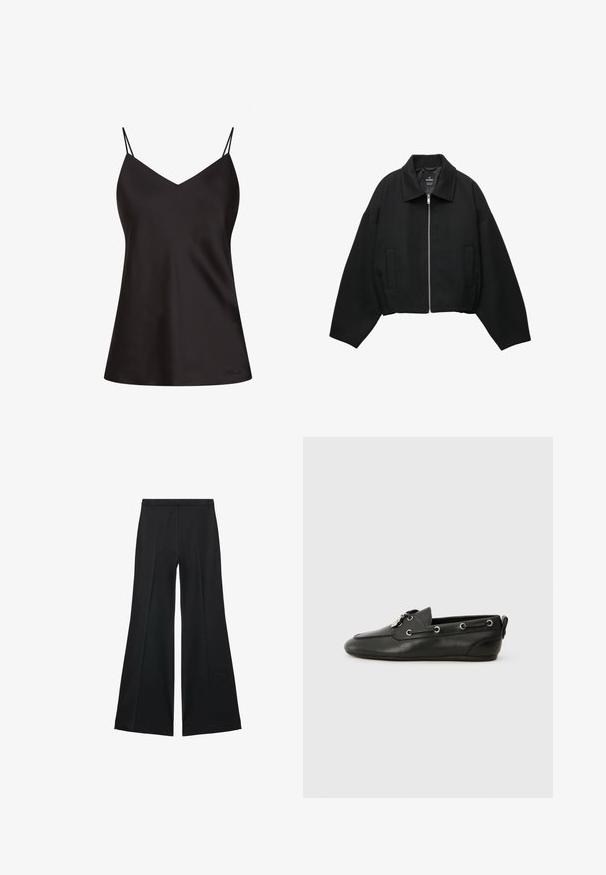 Schwarze, kurze Jacke aus strukturiertem Stoff, mit einem Front-Reißverschluss, weiten Ärmeln und zwei seitlichen Taschen.; Schwarzes Satin-Cami mit dünnen verstellbaren Trägern, V-Ausschnitt, fließender Silhouette und subtilen Logo-Details am unteren linken Rand.; Schwarze weit geschnittene Hose mit glatter Textur, ausgestattet mit Frontfalten und einem taillierten Design. Der Stoff ist leicht und fließend.; Schwarze Lederbootsschuhe mit runder Zehenpartie, Schnürung vorne, metallischen Ösen und flacher Sohle. Verfügt über eine kleine Lasche hinten.