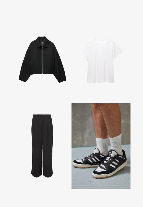 Zwarte cropped jas van gestructureerde stof, voorzien van een ritssluiting aan de voorkant, brede mouwen en twee zijzakken.; Witte T-shirt van zacht, lichtgewicht stof. Heeft een ronde halslijn en korte, brede mouwen met een ontspannen pasvorm. Geen zichtbare patronen.; Zwarte wijde broek met een gladde textuur, geplooide voorkant, zijzakken en een op maat gemaakte tailleband voor een relaxte maar gestructureerde pasvorm.; Zwart-witte sneakers met een bovenwerk van suede en leer, voorzien van drie witte strepen, een geperforeerde neus en een rubberen gumzool.