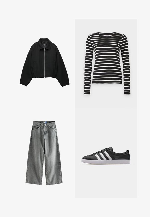 Jachetă scurtă neagră dintr-un material texturat, cu închidere frontală cu fermoar, mâneci largi și două buzunare laterale.; Cămașă cu dungi orizontale alb-negru, cu mânecă lungă și guler rotund, având o siluetă ajustată.; Jeans cu picioare largi din denim gri estompat, cu talie înaltă, design cu cinci buzunare și detalii subtile de uzură.; Sneaker din piele neagră cu design cu trei dungi albe, vârf rotund, talpă plată din cauciuc alb și detalii de marcă pe lateral.