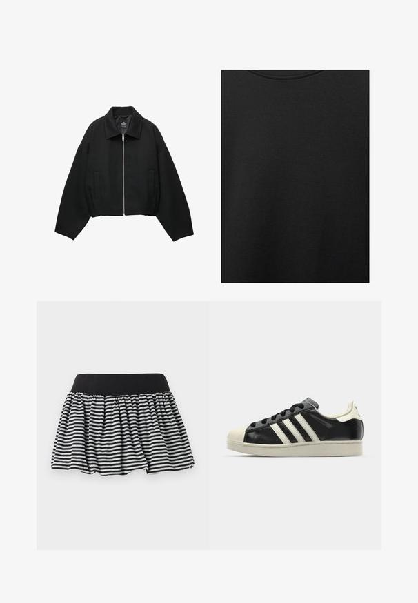 Fekete rövidített dzseki texturált anyagból, elöl cipzáras záródással, széles ujjak és két oldalsó zseb található rajta.; Fekete pamut anyag sima textúrával és kerek nyakkivágással, finom, egyenletes szemcsés mintázattal. Nincsenek látható logók vagy díszítések.; Fekete-fehér csíkos szoknya, összegyűrt kialakítással és rugalmas derékrésszel, puha anyagból készült. Bővített formával rendelkezik az elegancia érdekében.; Fekete bőrsneaker fehér csíkokkal, gumírozott orral, fekete fűzővel és krém színű talppal. Simaság és fényes felület jellemzi.