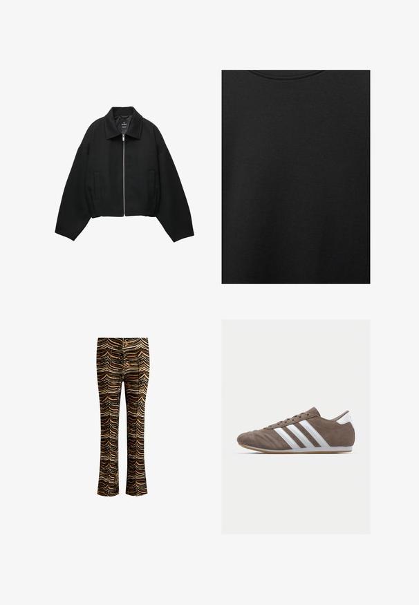 Zwarte cropped jas van gestructureerde stof, voorzien van een ritssluiting aan de voorkant, brede mouwen en twee zijzakken.; Zwarte katoen stof met een soepele textuur en een ronde halslijn, met een subtiele, gelijkmatige nerfpatroon. Geen zichtbare logo's of accenten.; Uitlopende broeken in een textiel met een golvend zwart, wit en bruin patroon. De tailleband is plat, waardoor de getailleerde silhoeët wordt benadrukt.; Bruine suède sportschoen met witte strepen, ronde neus, vetersluiting en gumrubberen zool. Gestructureerde bovenkant met stikseldetails.