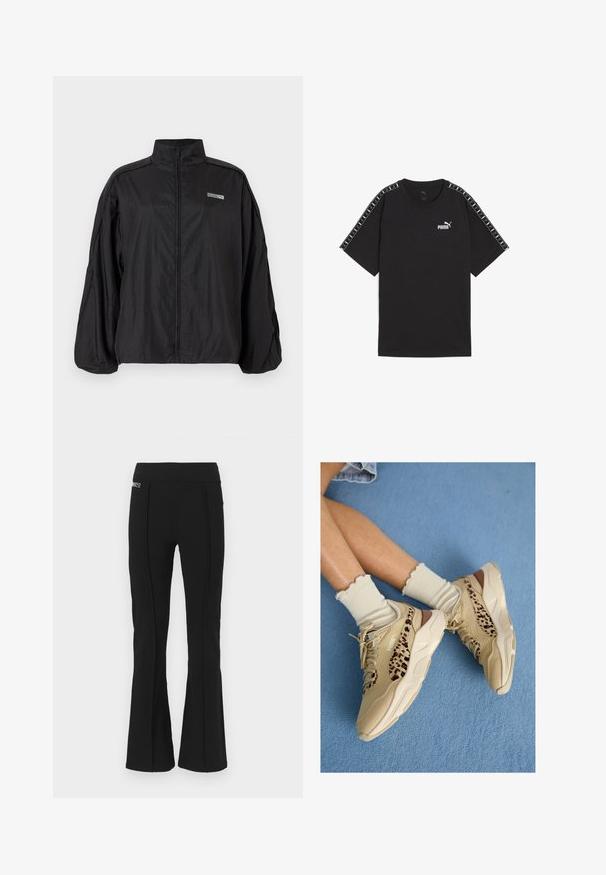 Černá lehká zipová bunda s vysokým límcem a malým logem "ROSIE" a Puma na hrudi, má dlouhé rukávy a volný střih.; Černé tričko s krátkým rukávem vyrobené z bavlny. Má bílé logo Puma na hrudi a vzorované akcenty na ramenou. Standardní střih a kulatý výstřih.; Černé kalhoty s vysokým pasem, rozšířené od kolen, se švy vpředu a malou značkovou nášivkou na levé straně nahoře.; Nohy překřížené, obuté v béžových teniskách Puma s leopardím vzorem pruhů a krémových ponožkách s volánky na modrém koberci.