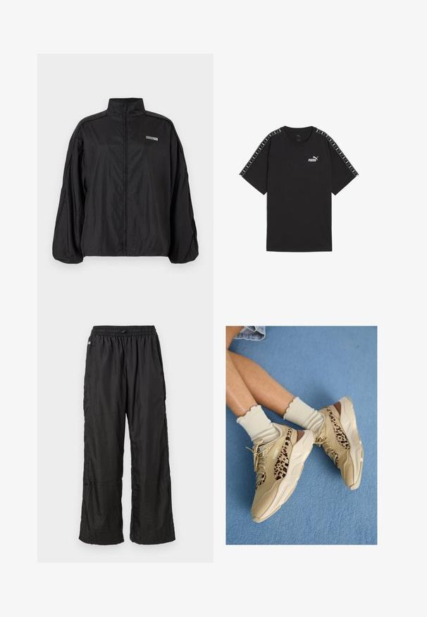 Zwarte lichte gewatteerde jack met hoge kraag en klein "ROSIE"- en Puma-logo op de borst, met lange mouwen en een losse pasvorm.; Zwart T-shirt met korte mouwen, gemaakt van katoen. Bevat een witte Puma-logo op de borst en gestreepte accenten op de schouders. Standaard pasvorm en ronde hals.; Zwarte lichtgewicht nylon joggingbroek met elastische tailleband en een losse rechte pasvorm, weergegeven tegen een effen witte achtergrond.; Gekruiste benen met beige Puma sneakers met luipaardprint strepen en gerimpelde crème sokken op een blauw tapijt.