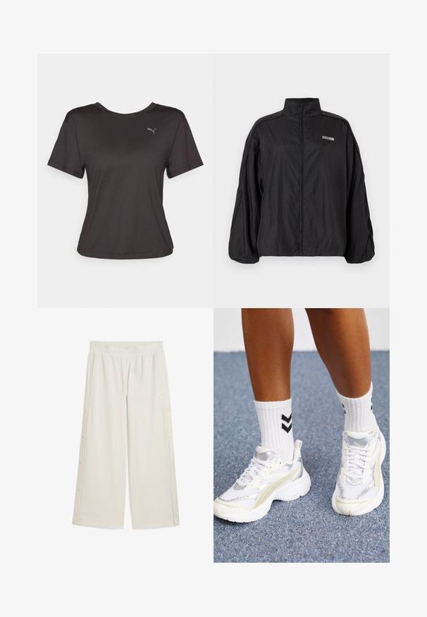 Jachetă neagră, ușoară, cu fermoar, cu guler înalt și un mic logo "ROSIE" și Puma pe piept, având mâneci lungi și o croială lejeră.; Tricou negru cu mânecă scurtă, fabricat dintr-un material neted, având guler rotund și un mic logo gri Puma pe piept.; Pantaloni bej, cu picioare largi, bandă elastică la talie, închidere prin capse pe lateral și un mic logo în față. Confecționați dintr-un material neted și ușor.; Adidași albi cu accente argintii, din material tip plasă, și un design masiv. Împerecheați cu șosete albe cu modele în zigzag negre.