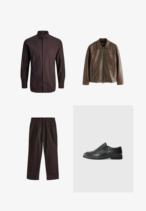 Chaqueta de cuero marrón con cremallera, un collar puntiagudo y dos bolsillos laterales. Textura suave y diseño minimalista.; Camisa de manga larga marrón oscura, con un collar puntiagudo, cierre de botones y una textura sutil. Corte entallado con puños estándar.; Next EDIT - REGULAR FIT - Pantalones - brown; Zapato negro de cuero sin cordones con un upper suave, detalles de costura, punta redonda y un bajo tacón de goma. La suela presenta una tracción mínima.