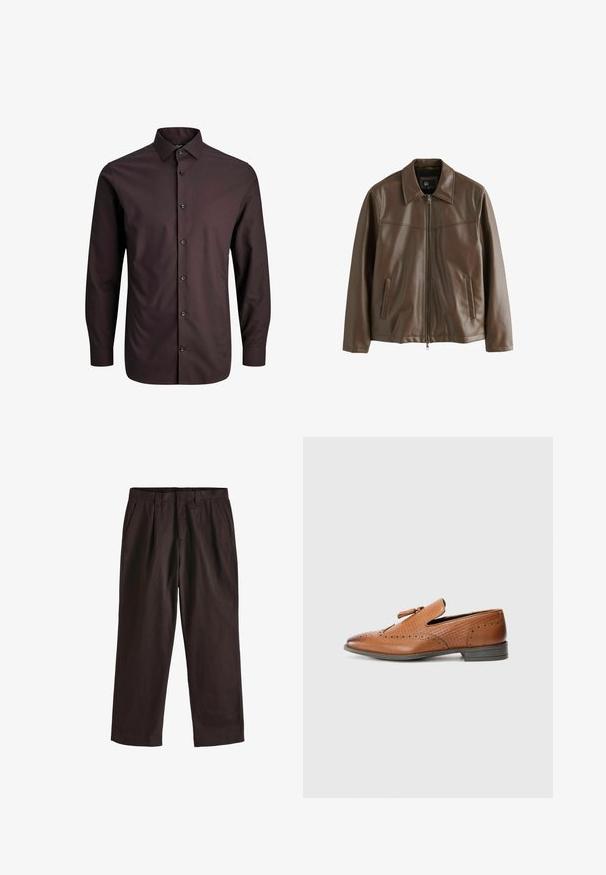 Bruine leren jas met een rits, een puntige kraag en twee zijzakken. Glad textuur en minimalistisch ontwerp.; Donkerbruin overhemd met lange mouwen, voorzien van een puntkraag, knoopsluiting en een subtiele textuur. Getailleerde pasvorm met standaard manchetten.; Next EDIT - REGULAR FIT - Broek - brown; Bruine leren schoen met geperforeerde details, gestructureerde zijkanten, platte zool en een decoratieve strik op de bovenkant. Klassiek ontwerp met een gladde afwerking.