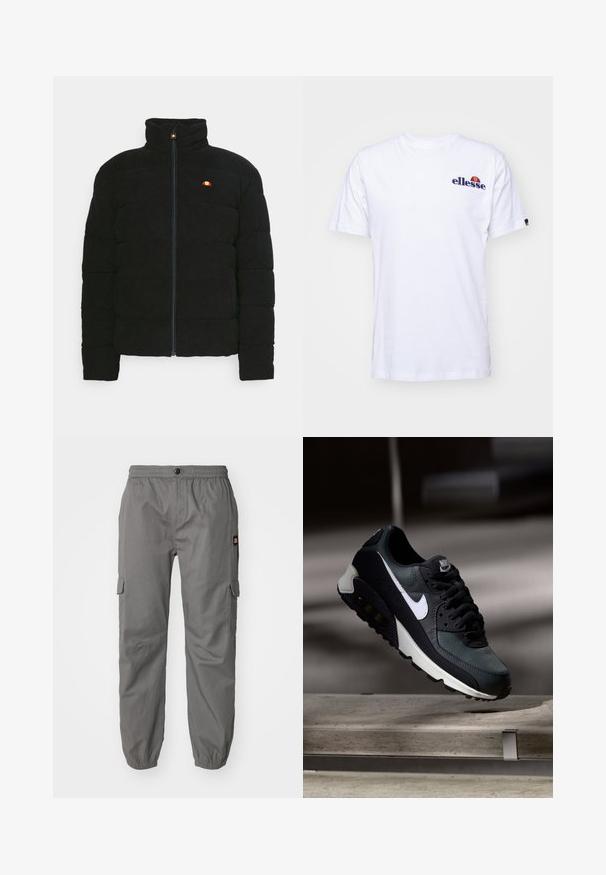 Casaco acolchoado preto com gola alta, apresentando fecho zip na frente e um pequeno logótipo multicolorido no peito. Tecido texturizado e ajuste estruturado.; Camiseta de algodão branca com mangas curtas, apresentando um logótipo bordado azul-marinho no lado esquerdo do peito e um toque de cor vibrante acima do logótipo.; Calças cargo cinzentas com cintura elástica, fecho de botão e bolsos laterais. O tecido parece leve com uma textura suave.; Sapatilhas pretas e verdes com um upper de malha padrão, logotipo swoosh branco, colarinho almofadado e uma unidade de amortecimento de ar visível na sola.