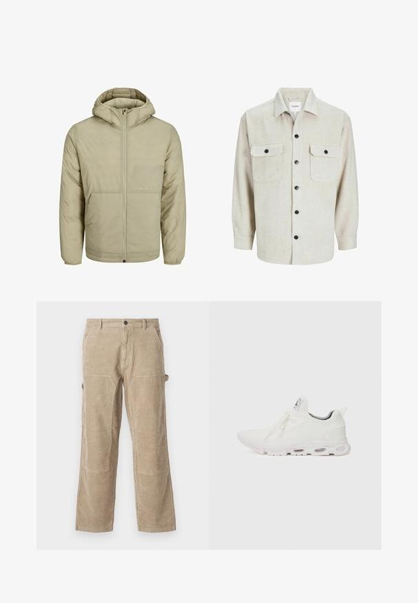 Beige hættejakke med lynlås foran, har et diskret logo på brystet samt en quiltet tekstur med elastiske cuffs og forneden.; Beige flannel skjorte med krave, der har to brystlommer, sorte knapper og lange ærmer med knapmanchetter.; Beige kordfløjlsbukser med lige ben, der har sidelommer og forstærkede knælapper. Tekstilerne har en struktureret overflade med lodrette ribbede mønstre.; Hvide atletiske sko med en tekstureret strikket overdel, flade snørebånd og en polstret sål med synlige luftkamre for ekstra støtte.