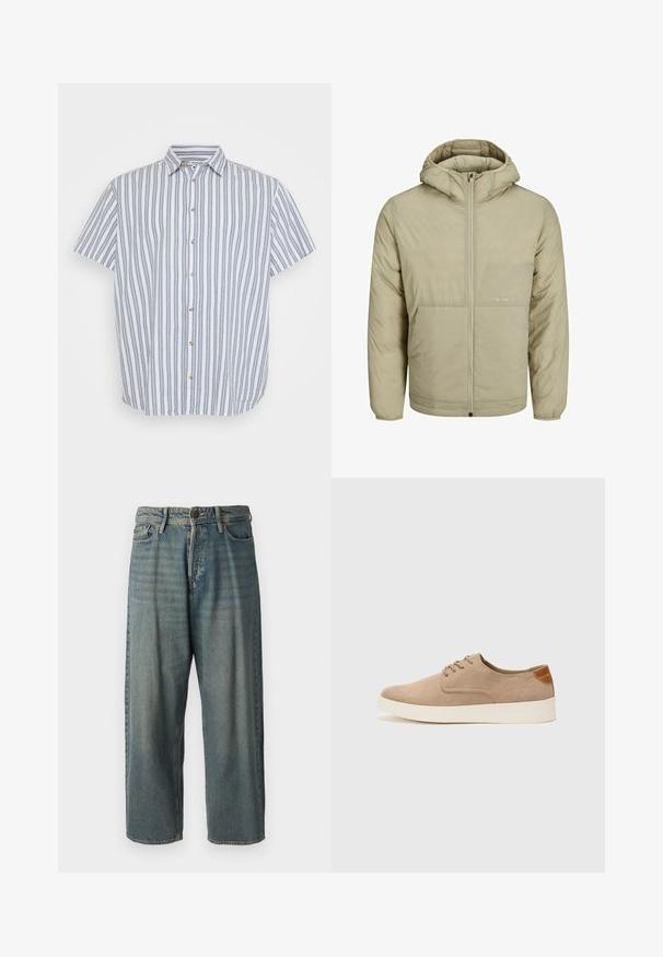 Bež jakna s kapuljačom i patentnim zatvaračem, s diskretnim logotipom na prsima, ima dekanu teksturu te elastične manšete i porub.; Košulja s kratkim rukavima u bijeloj boji s plavim vertikalnim prugama. Ima klasični ovratnik i drvene gumbe sprijeda.; Svijetloplave traperice s širokim krojem, srednjim pojasom i ravnim nogavicama. Ima pet džepova, petlje za remen i kopčanje na gumb.; Bež nubuk tenisice s okruglim vrhom, vezanjem sprijeda i teksturiranim stražnjim naglaskom. Bijela gumena potpetica pruža kontrast. Jednostavan i moderan dizajn.