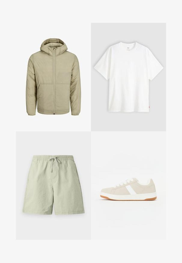 Beige hooded jacket with a zip front, features a subtle logo on the chest, and a quilted texture with elastic cuffs and hem.; White short-sleeve t-shirt made of cotton with a crew neck. Features subtle embossed logo detail on the front and a red label at the hem.; Light green cotton shorts with an elastic waistband and drawstring, featuring side pockets and a relaxed fit. Smooth texture, knee-length design.; Beige sneaker with white accents, suede texture, rounded shape, lace-up design, and a contrasting gum rubber outsole.