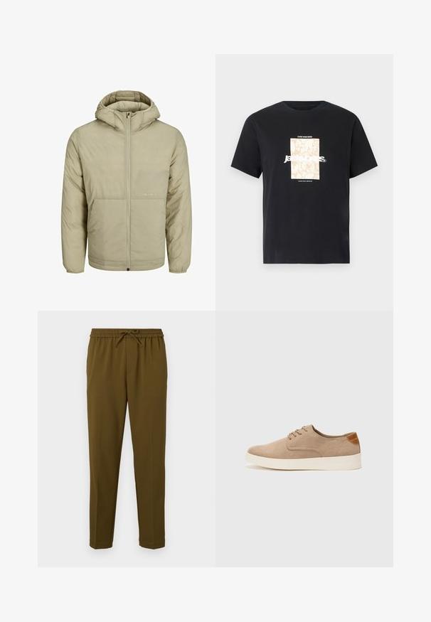 Beige Kapuzenjacke mit Reißverschluss, verfügt über ein dezentes Logo auf der Brust und eine gesteppten Textur mit elastischen Bündchen und Saum.; Schwarzes Baumwoll-T-Shirt mit Rundhalsausschnitt. Hat eine beige rechteckige Grafik und weißen Text "JAWO", zentriert auf der Vorderseite. Kurze Ärmel.; Olivengrüne, leichte Hosen mit elastischem Bund und verstellbarem Kordelzug. Mit geraden Beinen und ohne Taschen. Glatte Textur.; Beige Wildleder-Sneaker mit runder Zehenpartie, Schnürung und strukturiertem Rückenteil. Die weiße Gummisohle sorgt für einen Kontrast. Einfaches und modernes Design.