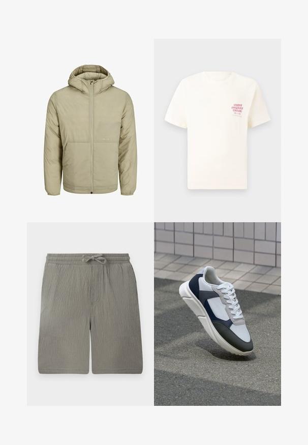 Smėlinis užtrauktuku uždaromas gobtuvas, su subtiliu logotipu ant krūtinės, su šonine tekstūra, elastingais rankogaliais ir apatine juosta.; Balta trumpa rankovėmis marškinėliai su raudonu užrašu "Studio Originals Edition" kairiajame krūtinės šone, rodomi neutralioje pilkoje aplinkoje.; Šviesiai pilki šortai, pagaminti iš tekstūruoto audinio. Turi elastingą juosmenį, raištelį ir šonines kišenes. Paprastas, tiesus kirpimas.; Baltos, tamsiai mėlynos ir pilkos sportbačiai su mišriomis medžiagomis, turintys tekstūruotą viršutinę dalį, plokščius raištelius ir paminkštintą pado dalį.