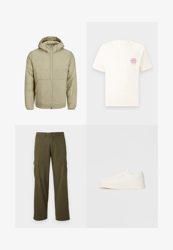 Beige bunda s kapucí a zipem vpředu, má jemné logo na hrudi a prošívanou texturu s elastickými manžetami a lemem.; Bílý krátký rukávový tričko s červeným textem "Studio Originals Edition" na levé hrudi, vystavené na neutrálním šedém pozadí.; Olivově zelené cargo kalhoty se středovým střihem, nabízející boční kapsy, zapínání na knoflík a odolnou texturu látky.; Bílé slip-on tenisky s texturovaným povrchem, silnou podešví a minimalistickým designem. Na boku je umístěno logo značky.