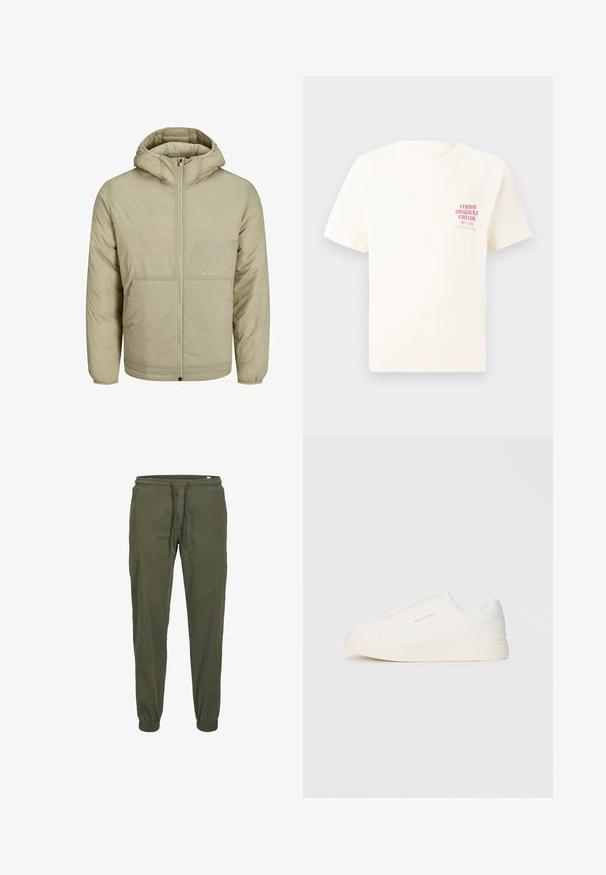 Bež kapuutsiga jakk, millel on lukuga eesmine osa, sisaldab rinnal peent logo ning on polsterdatud tekstuuriga koos elastsete varrukate ja äärtega.; Valge lühikeste varrukatega T-särk, millel on vasakul rinnal punane tekst "Studio Originals Edition", esitatud neutraalsel hallil taustal.; Oliivroheline spordipüksid elastse vöökoha, nööridega kinnituse ja kitsenevate varsadega. Valmistatud pehmest, tekstuuriga puuvillakangast.; Valged libisemiskindlad tossud tekstuuriga pinnaga, paksu tallaga ja minimalistikus disainis. Küljel on brändi logo.