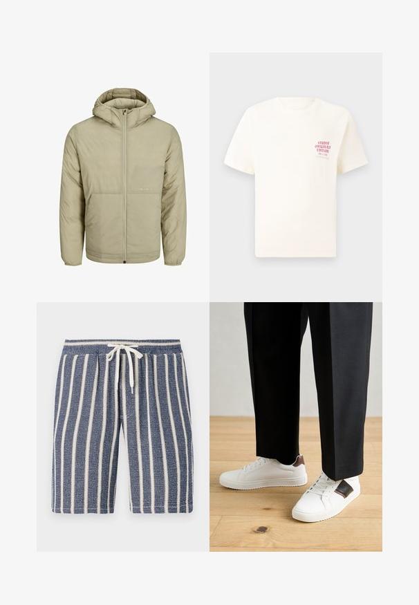 Beige hættejakke med lynlås foran, har et diskret logo på brystet samt en quiltet tekstur med elastiske cuffs og forneden.; Hvid kortermet T-shirt med rød tekst "Studio Originals Edition" på venstre bryst, vist på en neutral grå baggrund.; Mørkeblå teksturerede shorts med hvide lodrette striber, elastisk talje og snoretræk. Casual design velegnet til varmt vejr.; Hvide sneakers med glat tekstur, prydet med brune læderdetaljer og sorte detaljer, sammen med sorte skræddersyede bukser. Baggrund med trægulv.