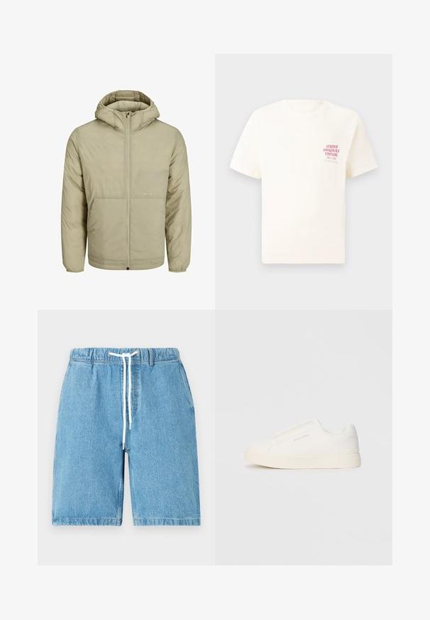 Beige hoodie met een rits aan de voorkant, voorzien van een subtiel logo op de borst, en een gequiltde textuur met elastische manchetten en een elastische zoom.; Witte T-shirt met korte mouwen met rode tekst "Studio Originals Edition" op de linker borst, weergegeven op een neutrale grijze achtergrond.; Lichtblauwe denim shorts met een elastische tailleband, witte trekkoord en een relaxed fit. Heeft een gladde textuur en gehaworde randen.; Witte instap sneakers met een gestructureerd oppervlak, een dikke zool en een minimalistisch ontwerp. Bevat het merklogo aan de zijkant.