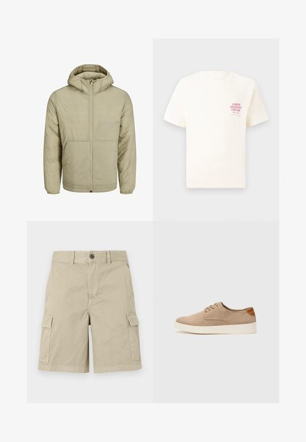 Béžová kapucňová bunda so zipsom na prednej strane, obsahuje nenápadné logo na hrudi a prešívanú textúru s elastickými manžetami a dolným lemom.; Biele tričko s krátkym rukávom s červeným textom "Studio Originals Edition" na ľavej hrudi, zobrazené na neutrálnom šedom pozadí.; Béžové cargo šortky vyrobené z bavlny, s bočnými vreckami, zapínaním na gombík a rovnými nohavicami, s ležérnym vzhľadom.; Béžové semišové tenisky s okrúhlou špičkou, šnurovaním vpredu a textúrovaným zadným akcentom. Biela gumová podrážka poskytuje kontrast. Jednoduchý a moderný dizajn.