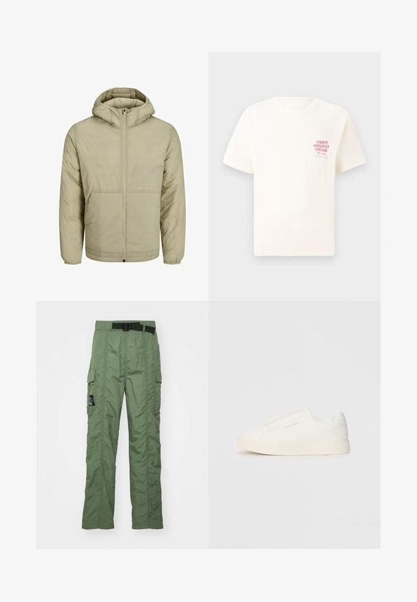 Béžová kapucňová bunda so zipsom na prednej strane, obsahuje nenápadné logo na hrudi a prešívanú textúru s elastickými manžetami a dolným lemom.; Biele tričko s krátkym rukávom s červeným textom "Studio Originals Edition" na ľavej hrudi, zobrazené na neutrálnom šedom pozadí.; Cargo nohavice v olivovo zelenej farbe, vyrobené z ľahkého materiálu. Obsahujú čierny opasok, cargo vrecká po stranách a detaily šitia.; Biele slip-on tenisky s textúrovaným povrchom, hrubou podrážkou a minimalistickým dizajnom. Obsahuje logo značky na boku.