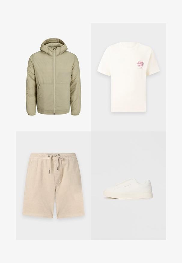 Beige hooded jacket with a zip front, features a subtle logo on the chest, and a quilted texture with elastic cuffs and hem.; White short-sleeve T-shirt with red text "Studio Originals Edition" on left chest, displayed on a neutral gray background.; Beige corduroy shorts with an elastic waistband, drawstring closure, and side pockets; features vertical ribbed texture.; White slip-on sneakers with a textured surface, a thick sole, and minimalistic design. Features brand logo on the side.
